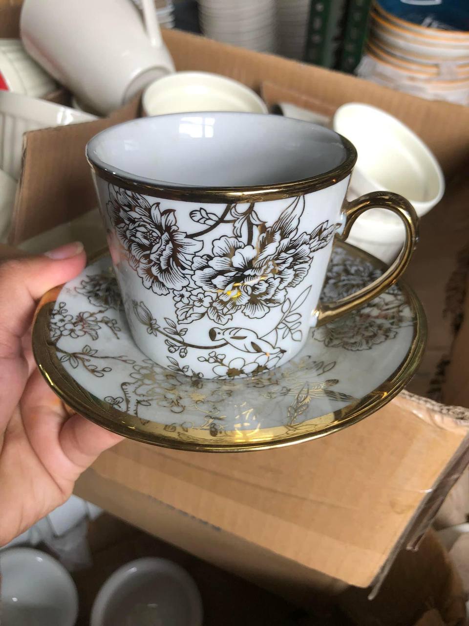 Cups and Saucers Gold Flower Cup and Saucer Set ceramic cup and saucer