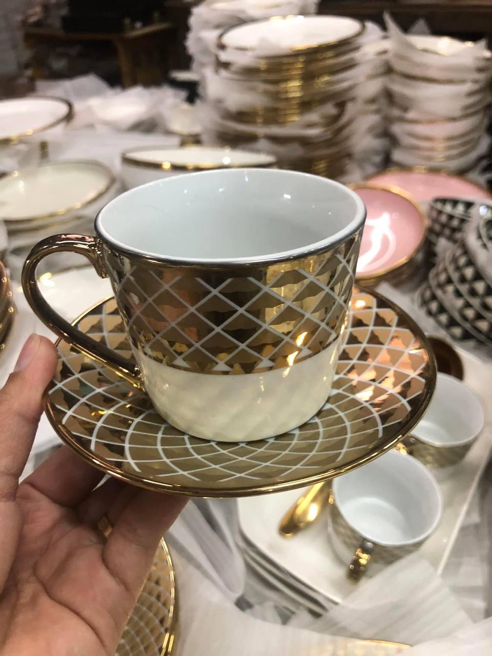 Cups and Saucers White/Gold Cup and Saucer Set coffee mug